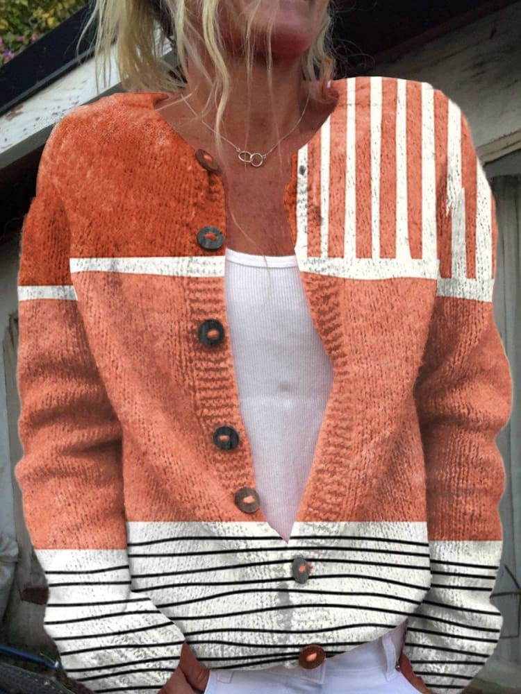 Retro Abstract Art Print Casual Buttoned Cardigan