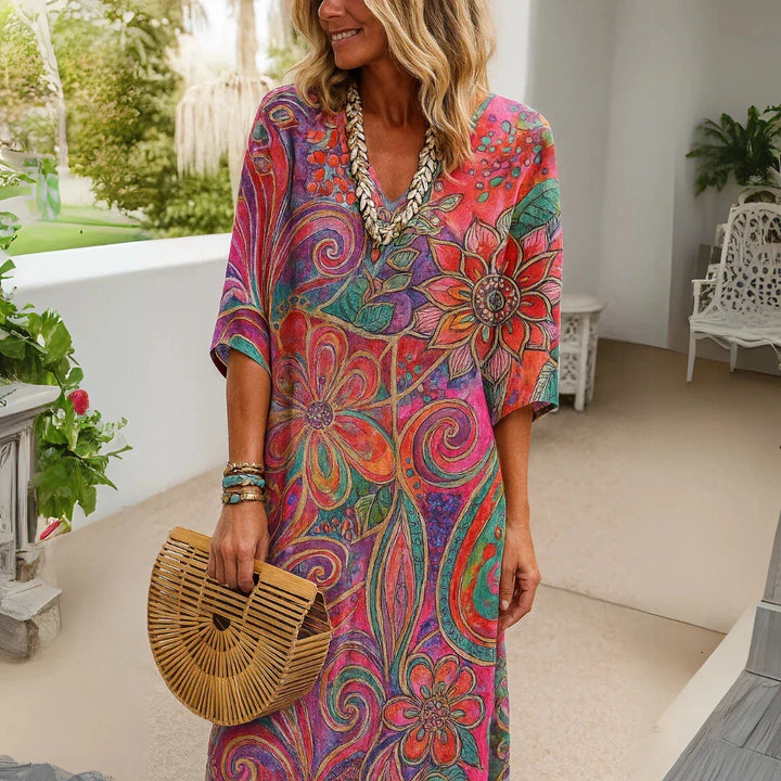 Laura™ | Vibrant Relaxed Maxi Dress with Floral Charm