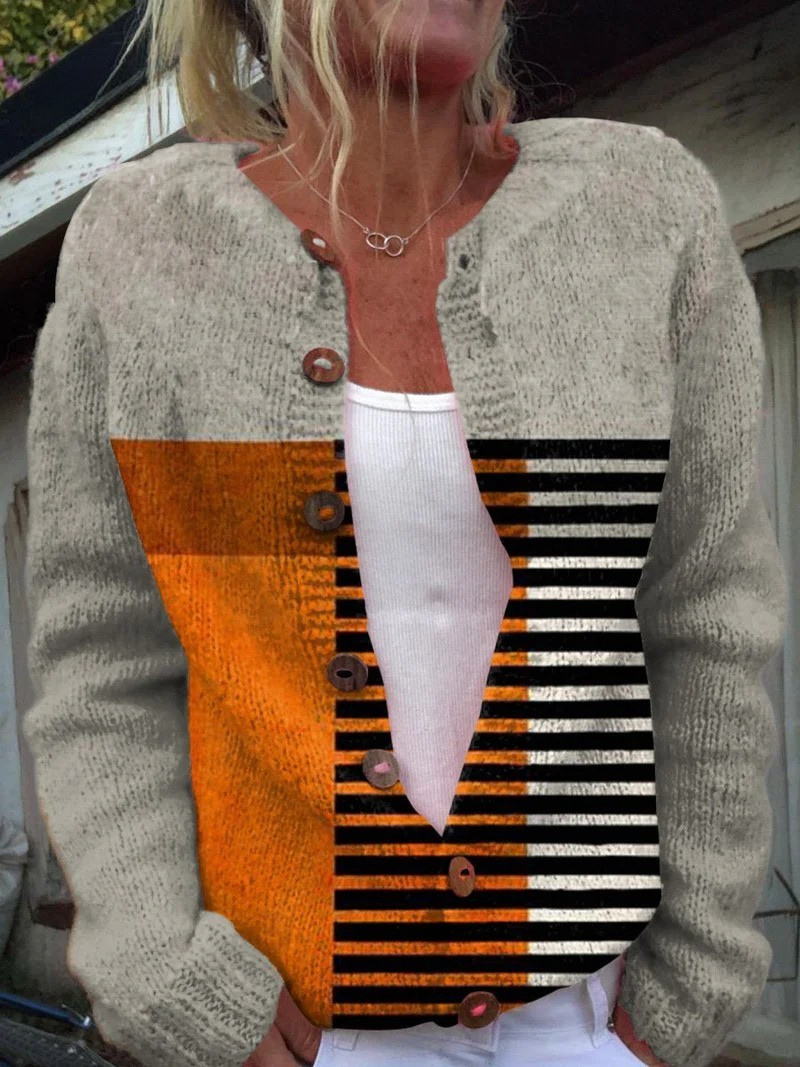 Artistry Color Block Art Printed Buttoned Cardigan
