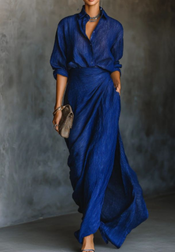 Valeria | Elegant Blue Shirt and Long Skirt Set