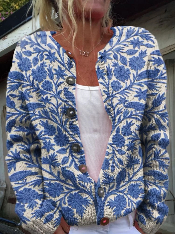 Lovely Meadows Floral Pattern Printed Buttoned Cardigan
