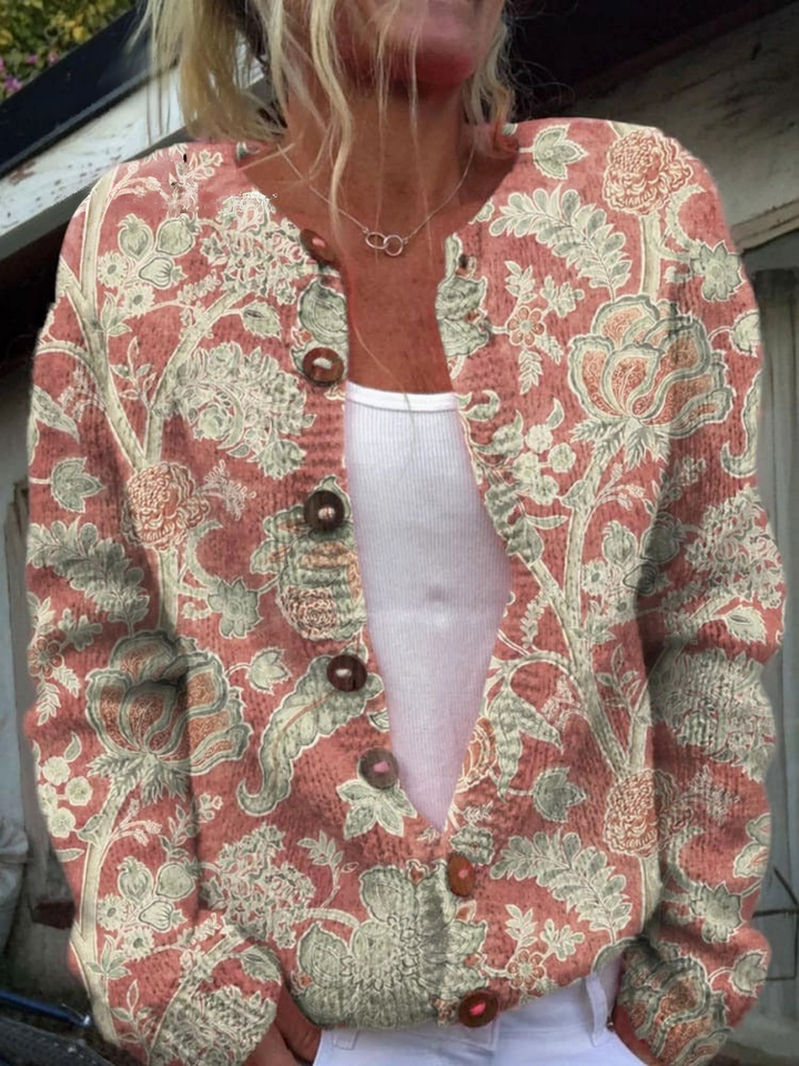 Lovely Meadows Floral Pattern Printed Buttoned Cardigan