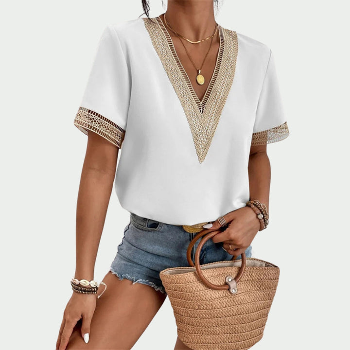 Audrey™ | V-Neck Blouse with Lace Trim