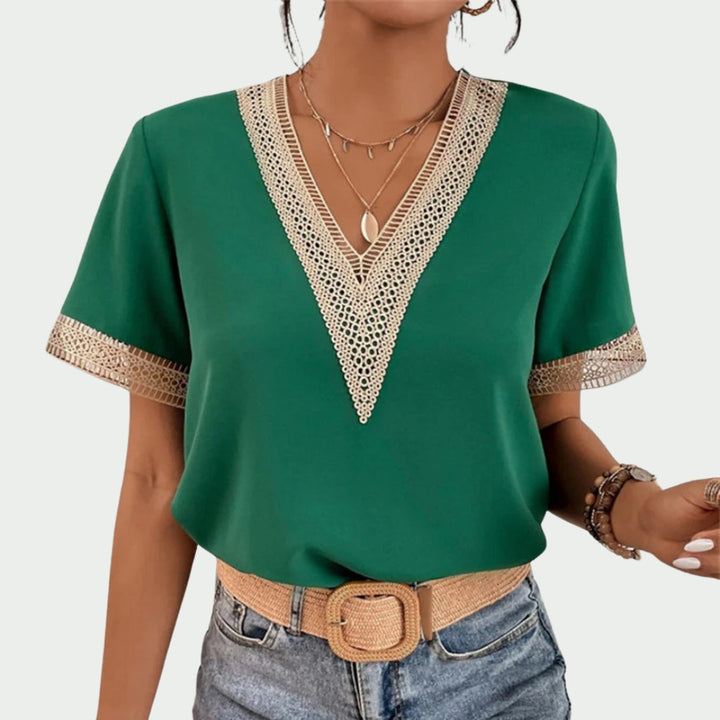 Audrey™ | V-Neck Blouse with Lace Trim