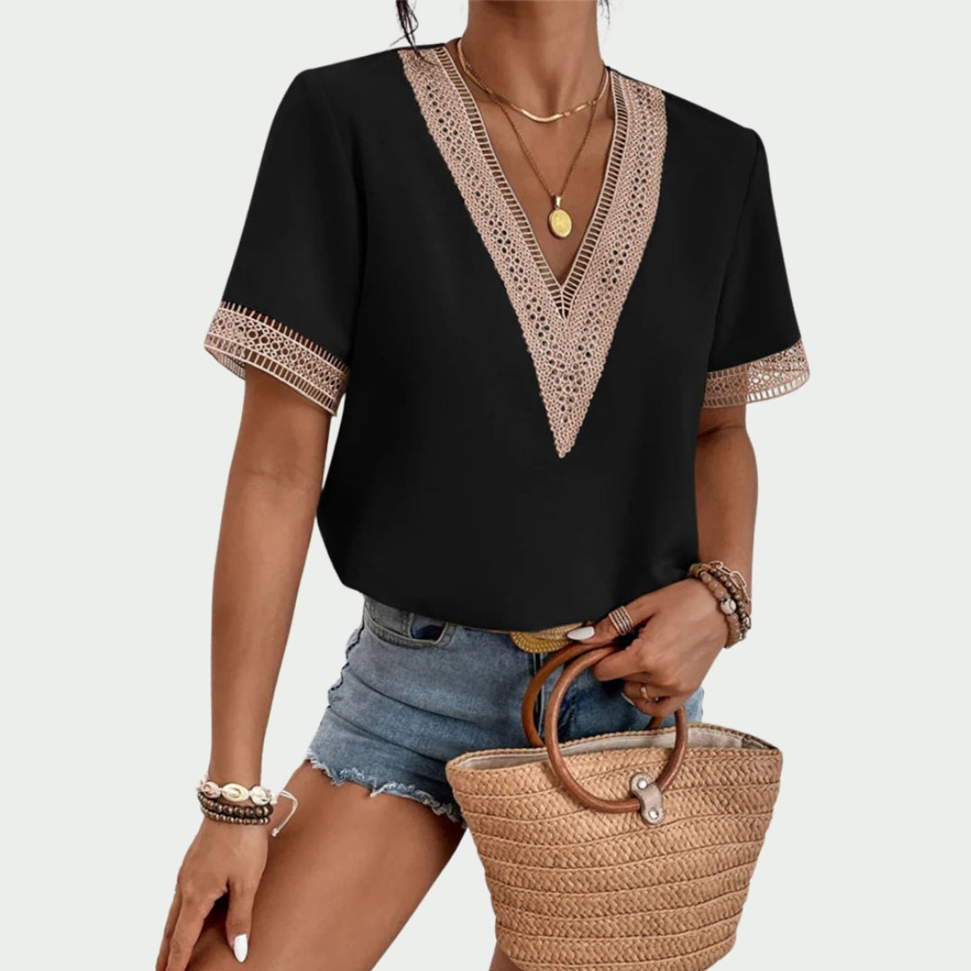 Audrey™ | V-Neck Blouse with Lace Trim
