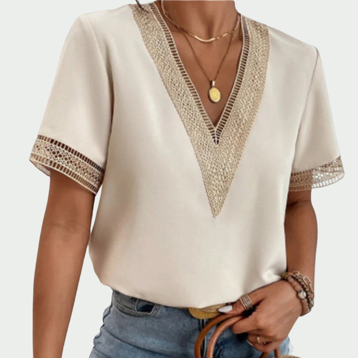 Audrey™ | V-Neck Blouse with Lace Trim
