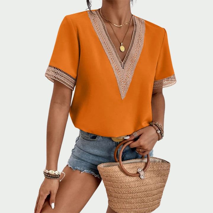 Audrey™ | V-Neck Blouse with Lace Trim