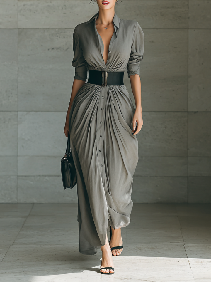 Susana | Long Dress with Lapel Collar and Long Sleeves