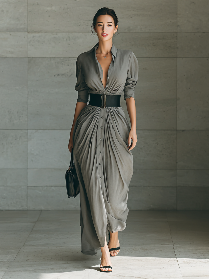 Susana | Long Dress with Lapel Collar and Long Sleeves