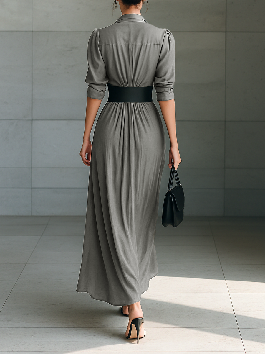 Susana | Long Dress with Lapel Collar and Long Sleeves