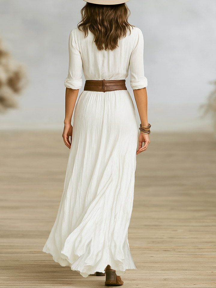 Carmen | Long Linen Maxi Dress with Inverted Collar