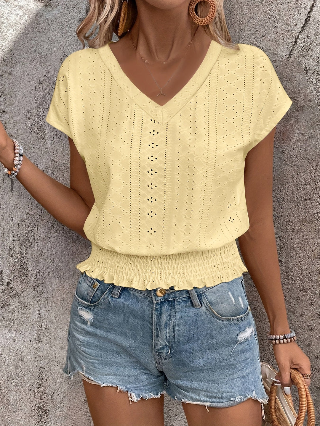 Emery™ | V-Neck Eyelet Blouse with Batwing Sleeves